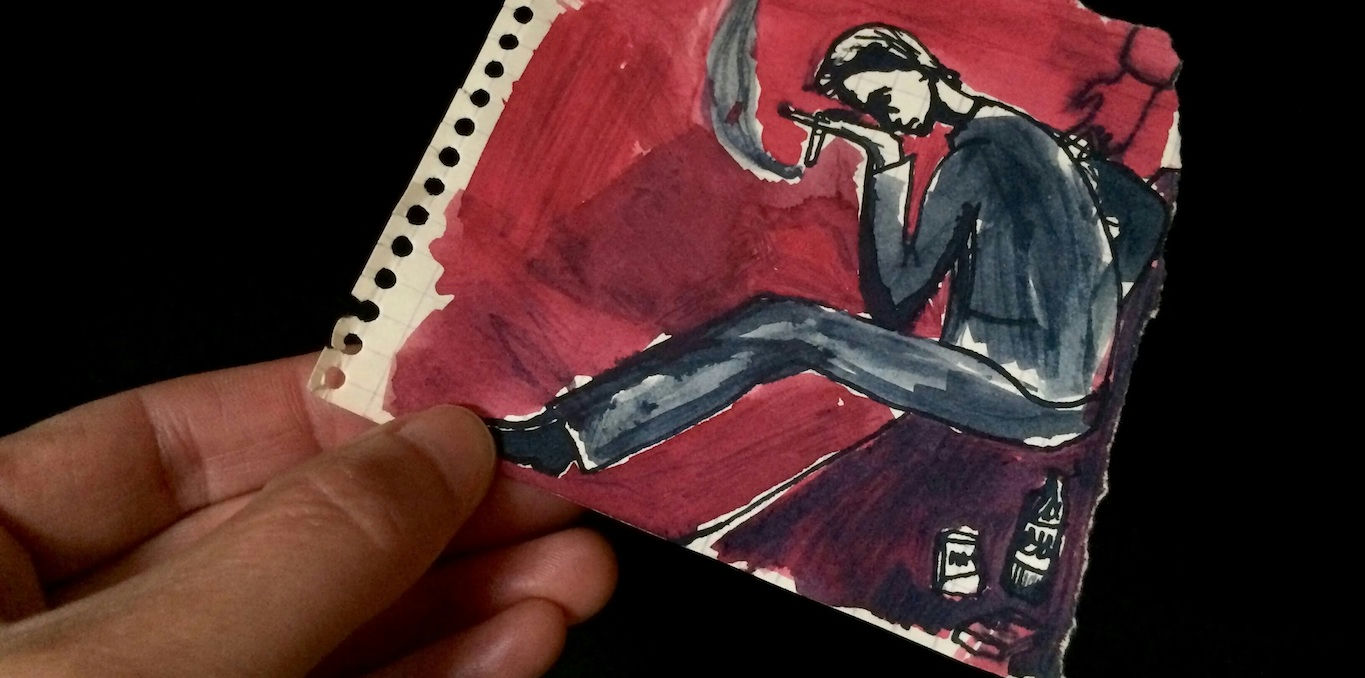 Main tenant le dessin d'un homme assis fumant une cigarette et se tenant la tête