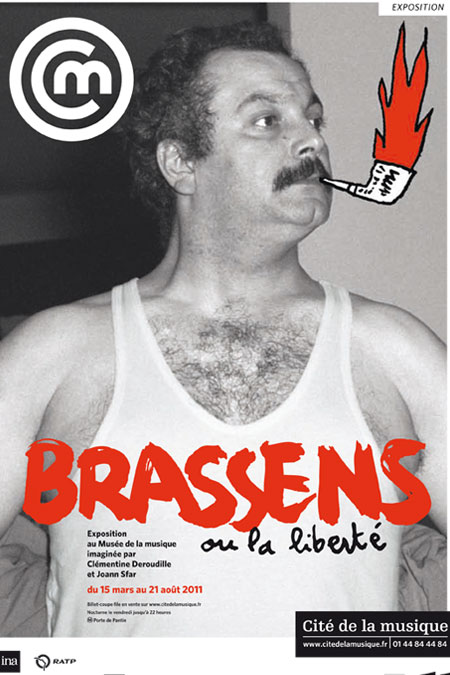 Photo de Georges Brassens muni d'une pipe dessinée de laquelle sort une flamme rouge