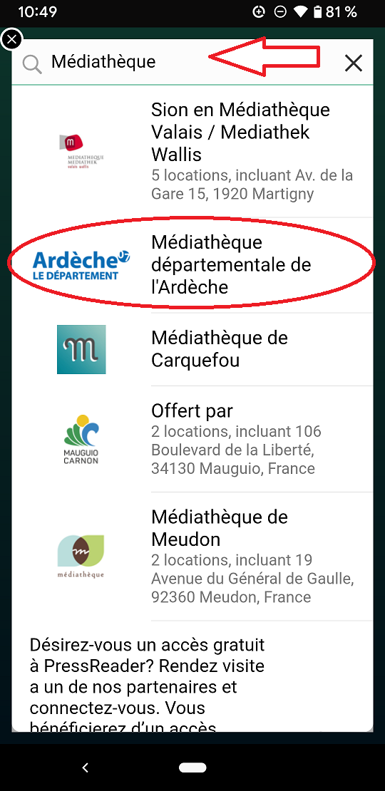 Copie d'écran de la liste de recherche avec médiathèque départementale de l'ardèche entouré en rouge