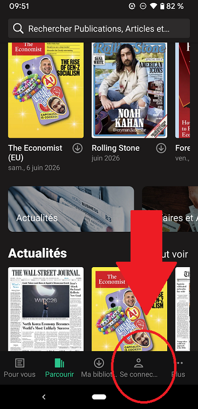 Page d'accueil de press reader avec logo du bonhomme se connecter entouré en rouge