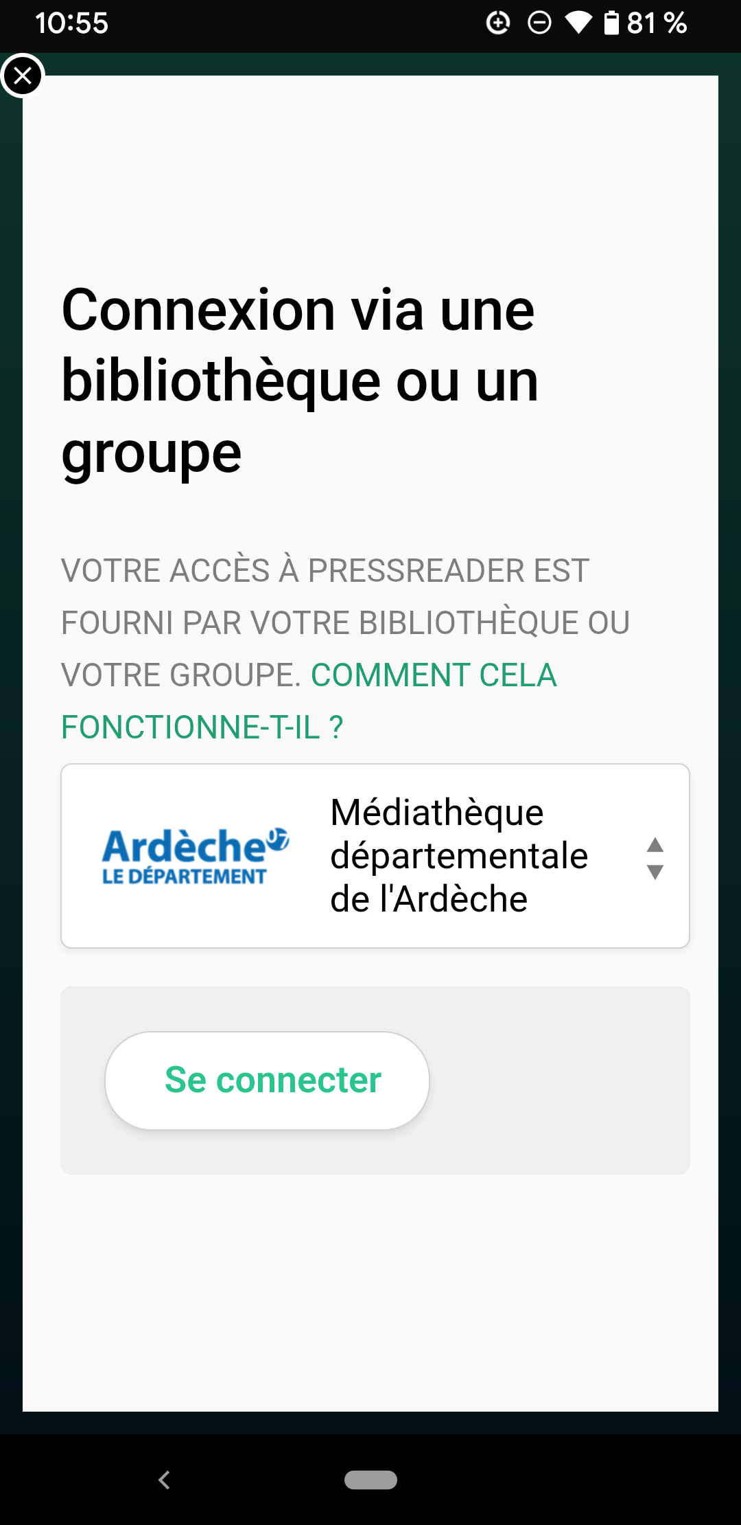 copie d'écran avec la médiathèque départementale sélectionnées et le bouton Se connecter
