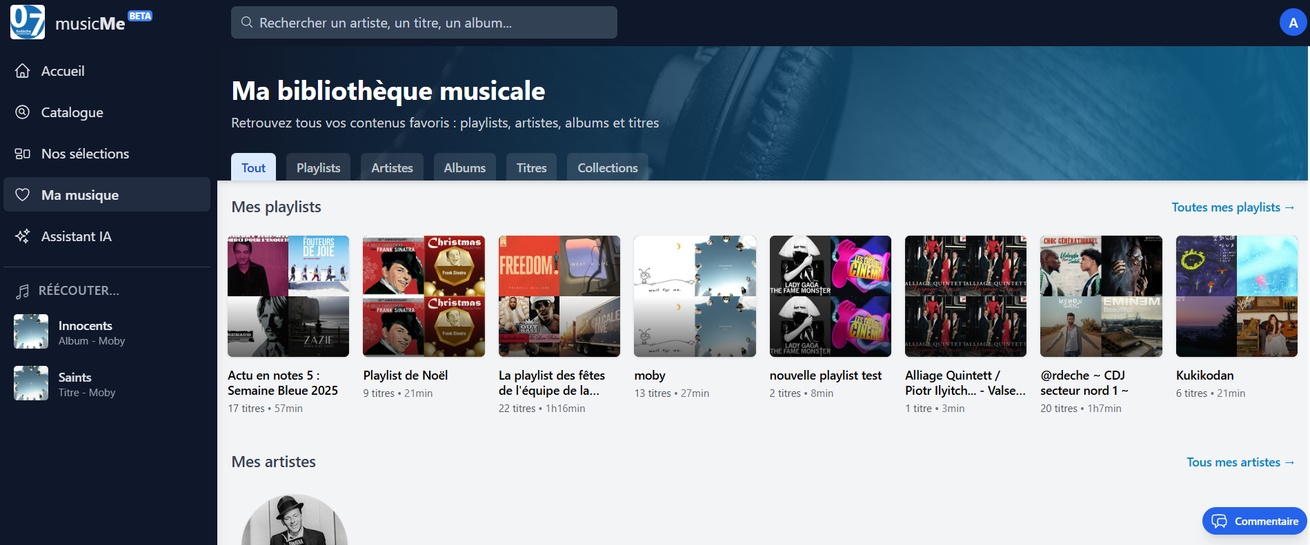 copie d'écran de la page d'accueil de musique et de l'onglet Ma musique