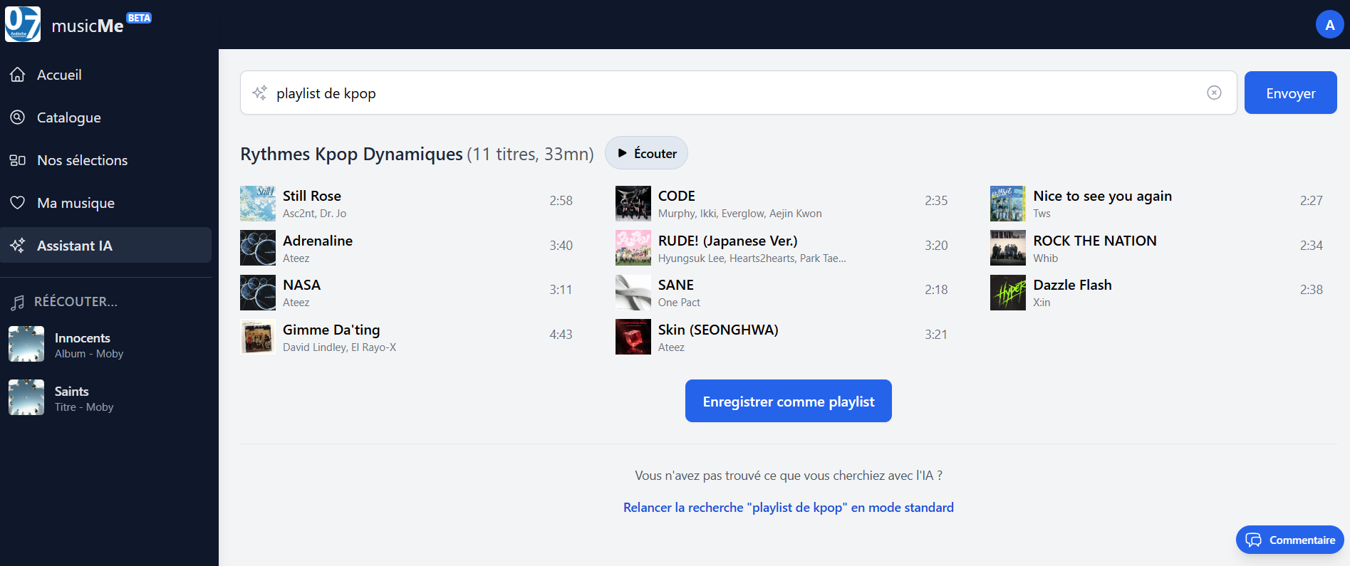 copie d'écran du site de musicme et de la page de recherche avec IA et une playlist de kpoprecherche sur 