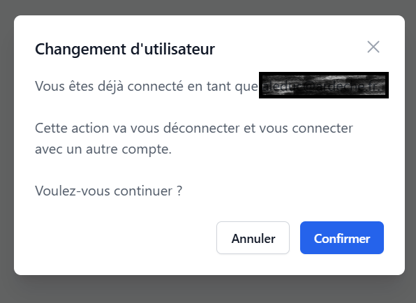 copie d'écran d'une fenêtre d'information informant le lecteur que son compte va être déconnecté puis reconnecté et qu'il faut valider pour accéder à la nouvelle interface