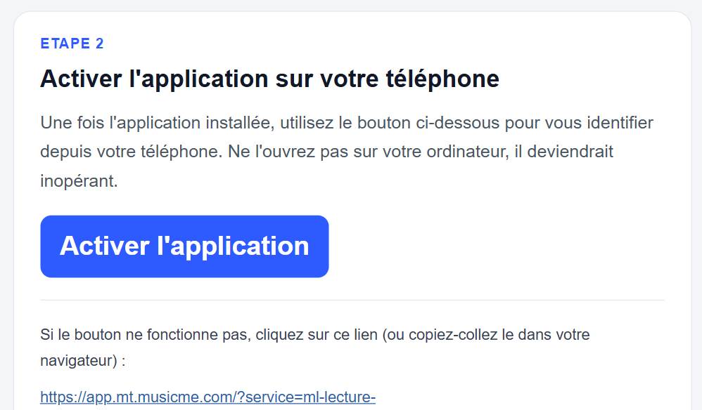 copie d'écran de l'email reçu pour activer l'application musicme