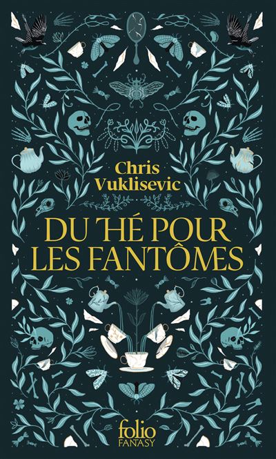 Couverture du livre la lignée des maudits avec le titre en jaune sur fond bleu décoré d'insectes, plantes et tasses de thé