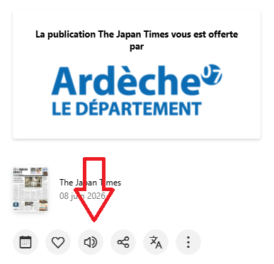 Copie d'écran du journal The japan times et mise en avant du bouton d'écoute avec une flèche rouge