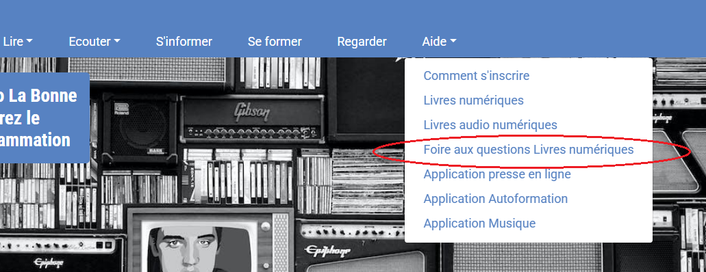 copie d'écran de la page d'accueil et de la rubrique aide où la FAQ est entourée en rouge