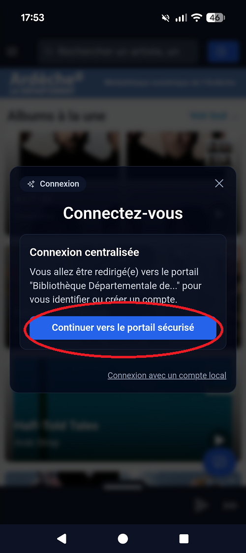 Copie d'écran de smartphone présentant une fenêtre et la mention continuer vers le portail sécurisé entouré en rouge