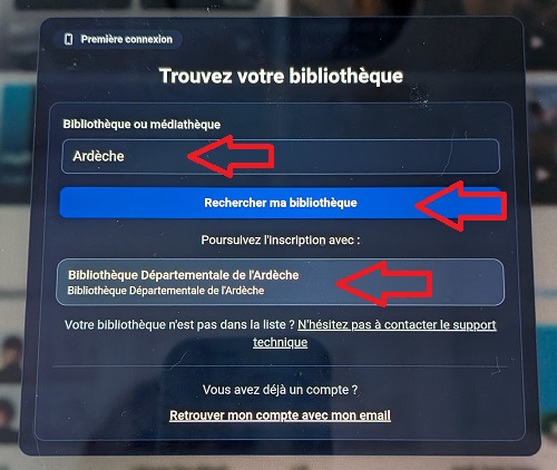 copie d'écran d'une tablette avec des flèches rouge pointant sur Ardèche, le bouton rechercher ma bibliothèque et le résultat Bibliothèque départementale de prêt