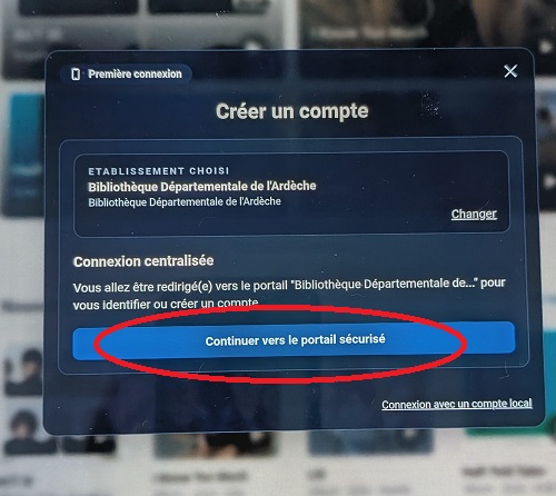 copie d'écran d'une tablette avec la mention continuer vers le portail sécurisé entouré en rouge