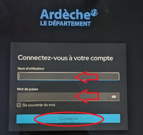 copie d'écran d'une tablette avec la mention nom d'utilisateur et mot de passe signalés par des flèches rouges et la mention connexion entourée en rouge