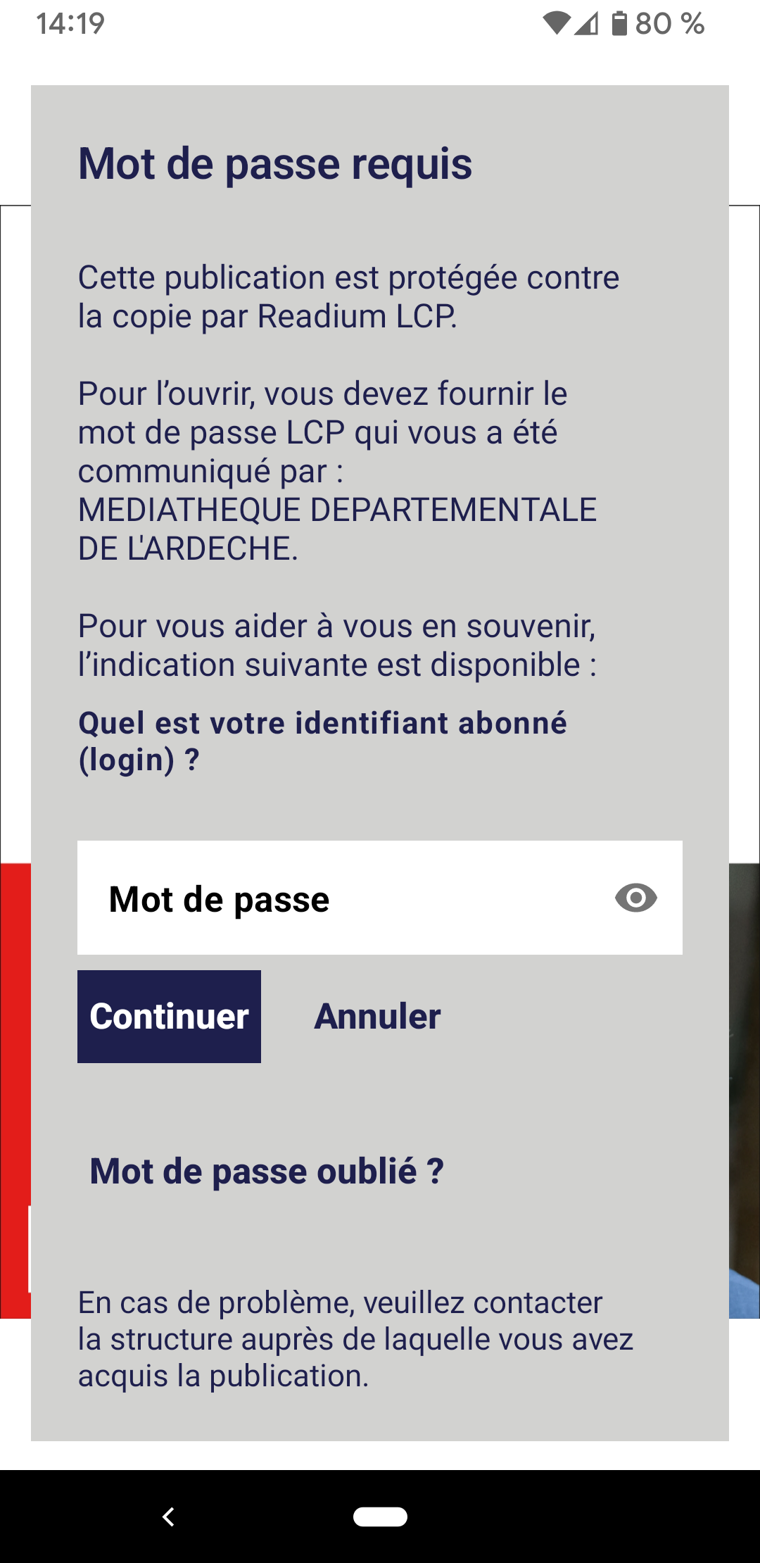 copie d'écran Babelio demandant un mot de passe pour lire le livre