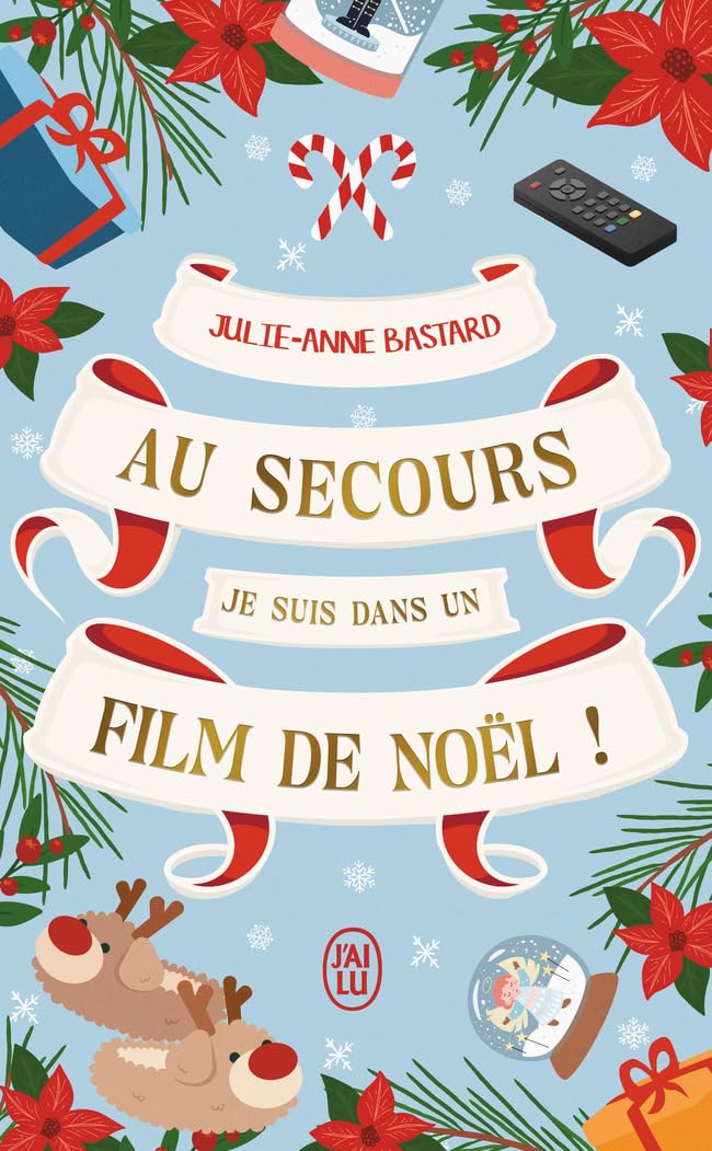 couverture du livre sur fond bleu avec des décorations de noel rouges