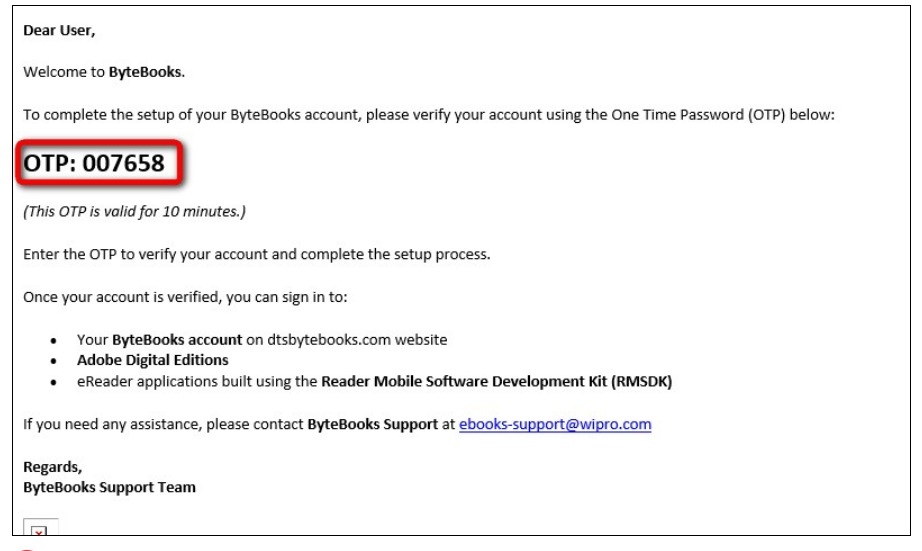 mail en anglais avec code OTP entouré en rouge