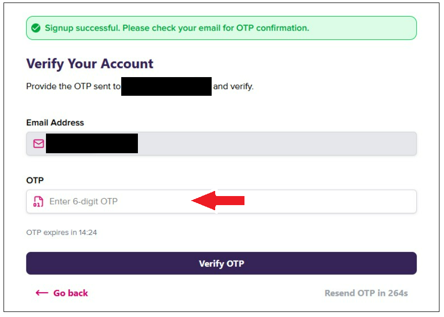 page de validation du code OTP sur le site de Bytebooks