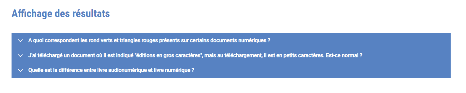 affichage de la page de FAQ livres numériques avec accordéons des questions fermés