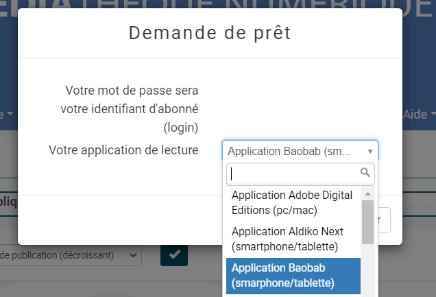 copie d'écran indiquant le nom de l'application Baobab dans la liste déroulante