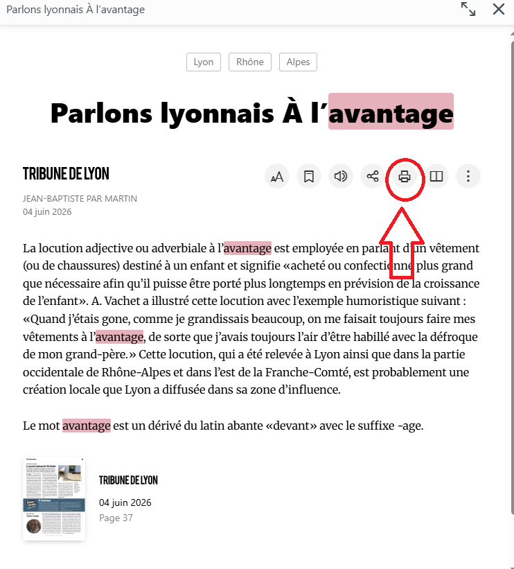 copie d'écran d'un article de la Tribune de Lyon et du bouton d'imprimante