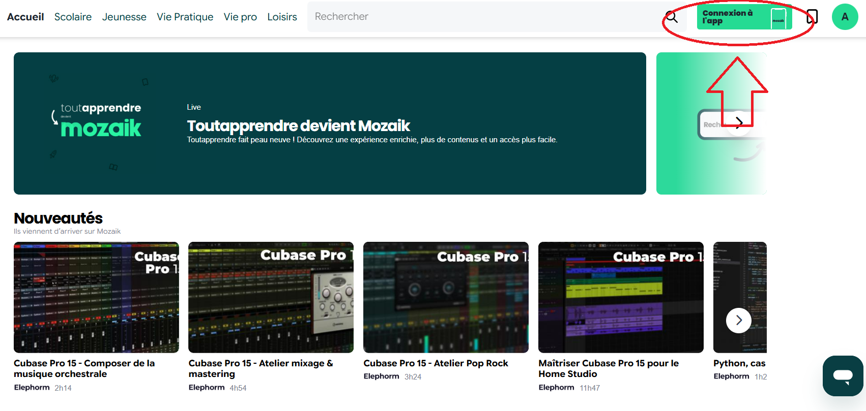 copie d'écran de la page d'accueil de Mozaik avec une flèche rouge pointant sur l'espace application mobile