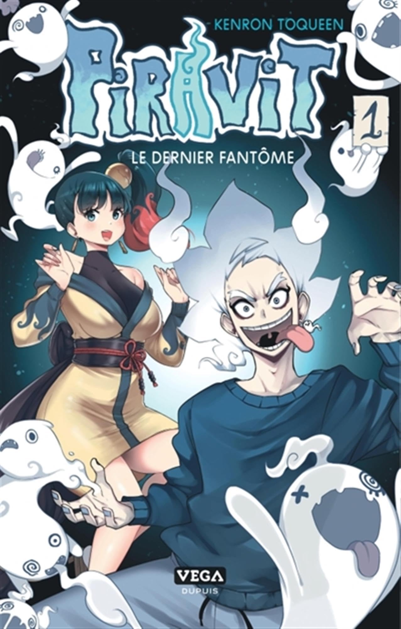 couverture du manga pirevit avec deux personnages de manga sur le devant essaynt de faire peur et une farandole de fantômes autour sur fond bleu
