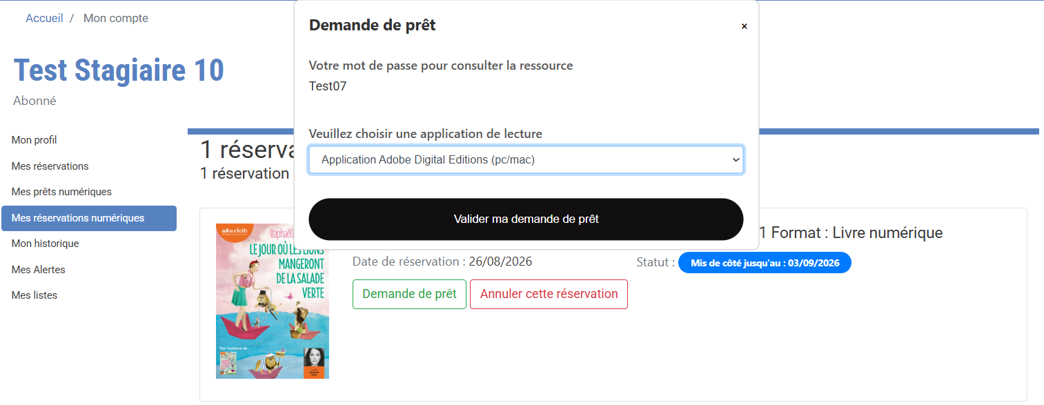 copie d'écran d'un compte lecteur avec la mention valider la demande de prêt sur un document