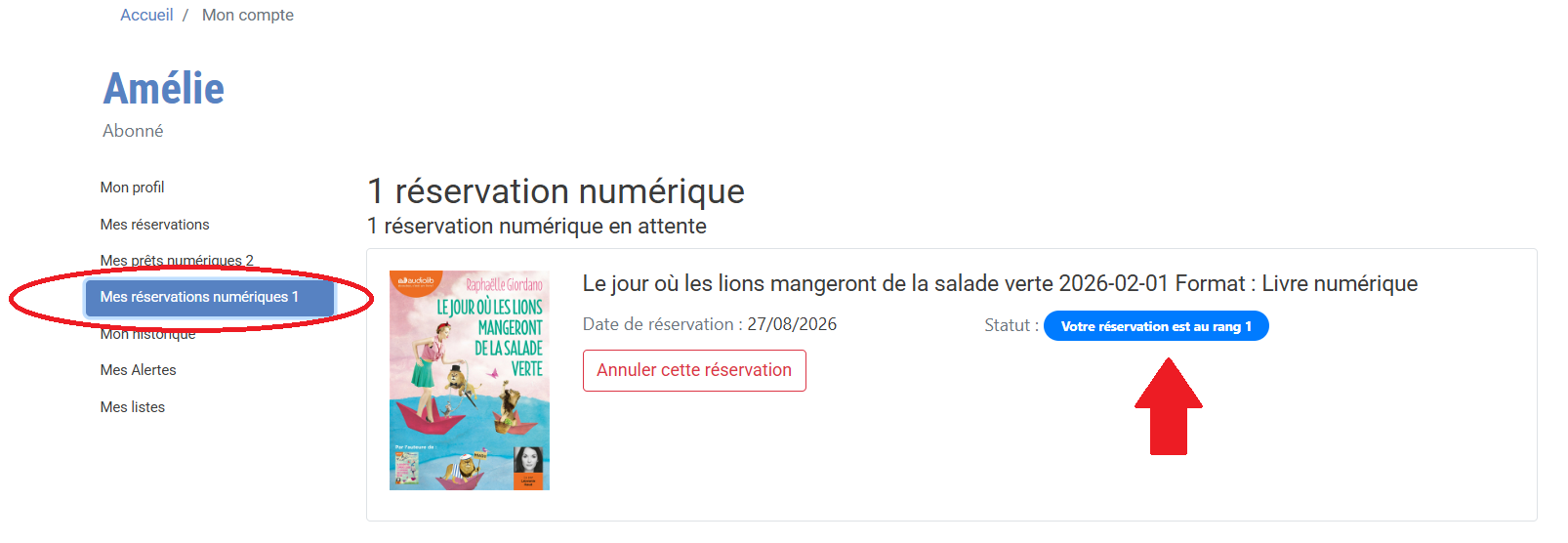 copie d'écran d'un compte avec un livre numérique réservé et une flèche rouge pointant sur la priorité de réservation du lecteur