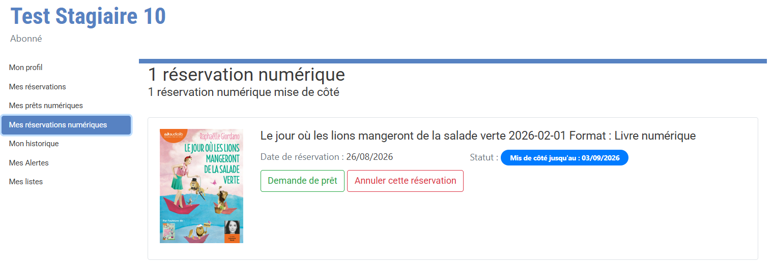 Copie d'écran d'un compte lecteur avec un livre numérique présentant le bouton demande de prêt