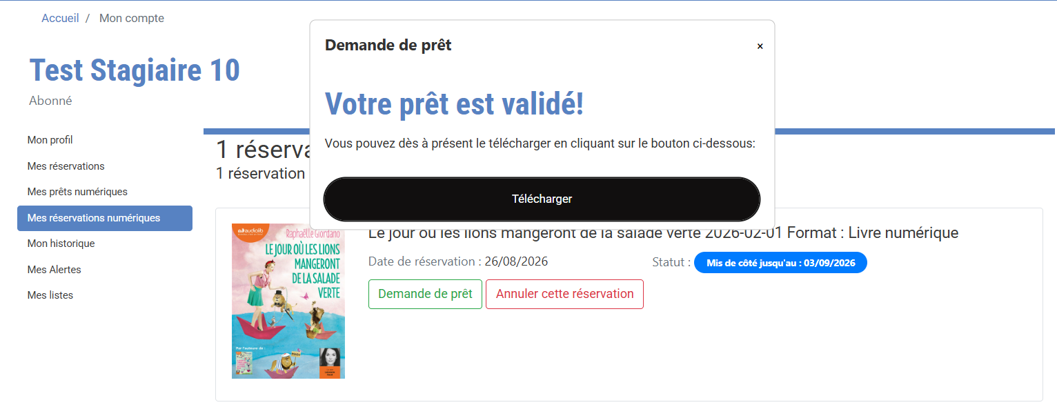 copie d'écran d'un compte lecteur avec une fenêtre présentant le bouton télécharger le prêt au dessus d'un livre numérique