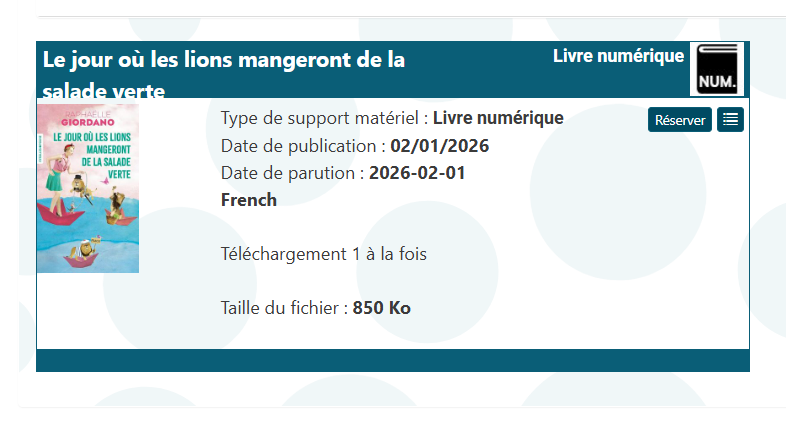 copie d'écran d'un livre numérique avec le bouton réserver
