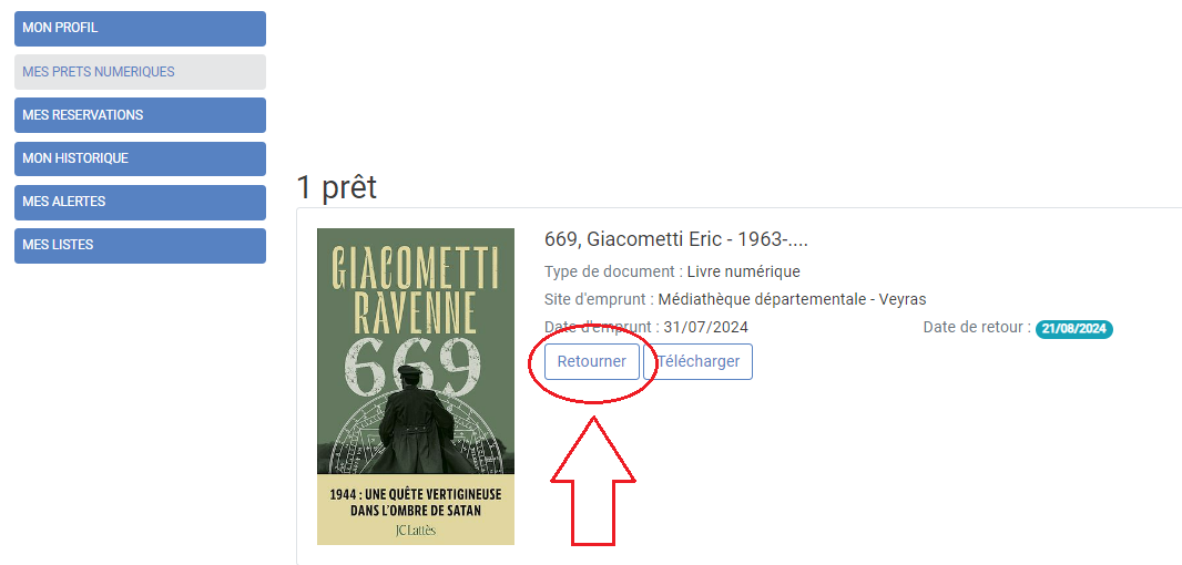 copie d'écran du bouton retourner le prêt sur un compte lecteur