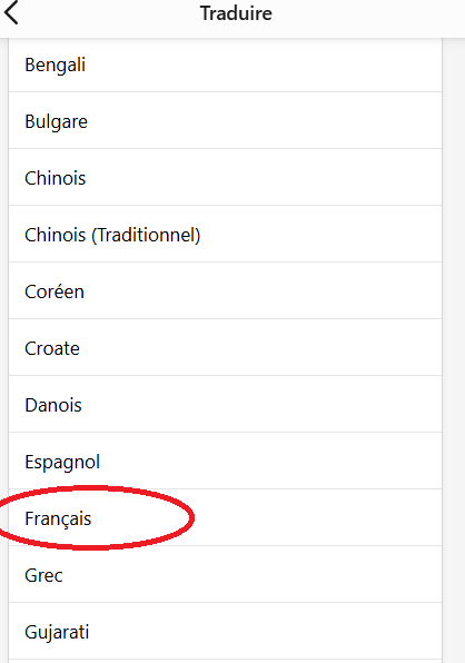 Liste des langues de lecture possible pour la traduction et pointage en rouge sur le français