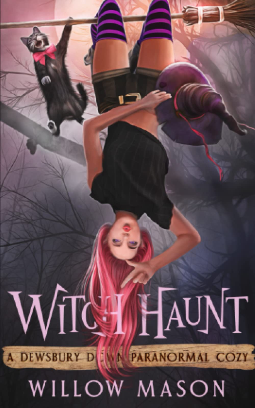 couverture du livre witch haunt avec une sorcière pendue tête en bas sur son balai et un chat qui le retient d'une patte sur fond gris et rose d'une forêt