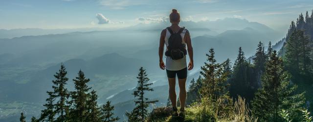 homme de dos regardant un paysage de montagnes