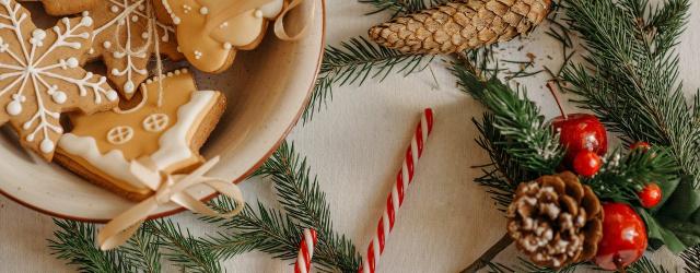 photo d'un bol de biscuits de noël à côté d'un sucre d'orge rouge et blanc et d'une branche de sapin