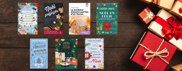 sept couvertures de livres de Noêl sur fond boisé avec des cadeaux rouges sur le côté