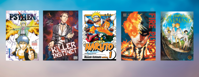 bannière sur fond bleu avec les couvertures des 5 mangas présentés