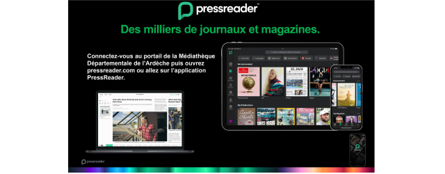 écran noir avec logo de pressreader et copies d'écran de leur page d'accueil sur tablette et smartphone