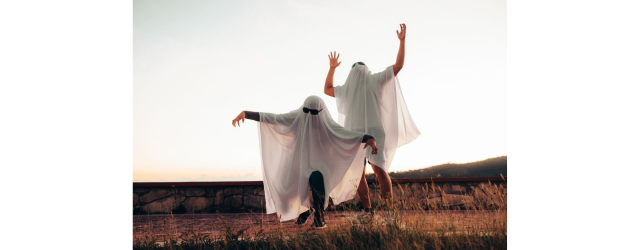 photo de deux personnes portant des draps et des lunettes de soleil et jouant au fantôme sur fond de prairie et de ciel bleu