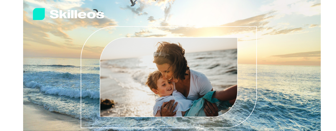 logo skilleos et photo d'une mère et son enfant devant l'océan