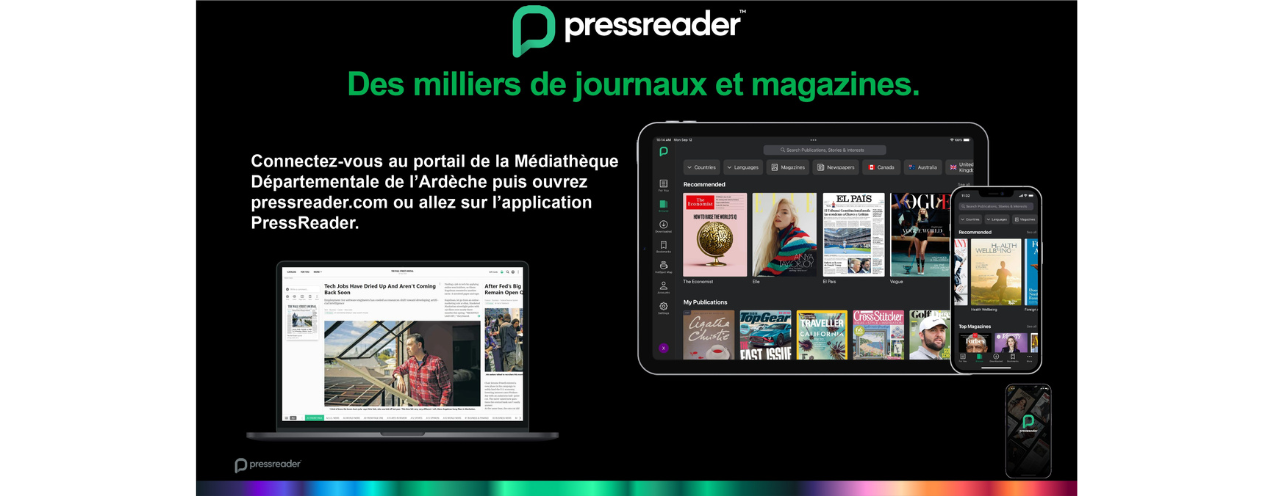 écran noir avec logo de pressreader et copies d'écran de leur page d'accueil sur tablette et smartphone