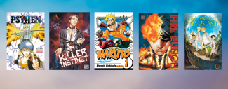 bannière sur fond bleu avec les couvertures des 5 mangas présentés
