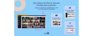 affiche sur fond bleu présentant la page d'accueil de musicme avec la mention de nouvelle interface, création de webradios et recherche avec un compagnon IA de 